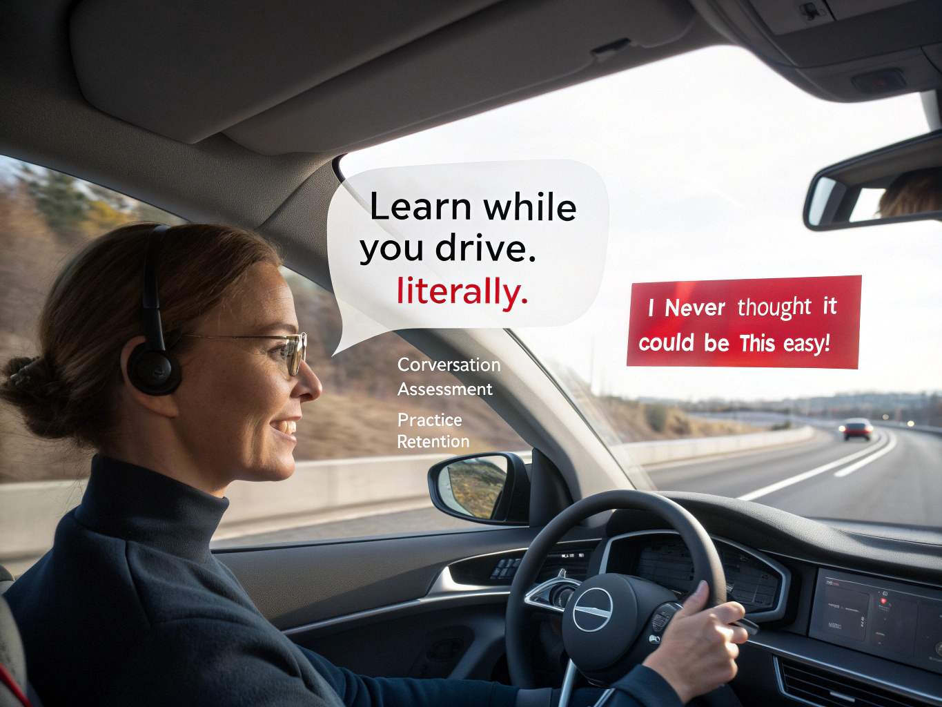 Person learning in a modern car interior using hands-free mode